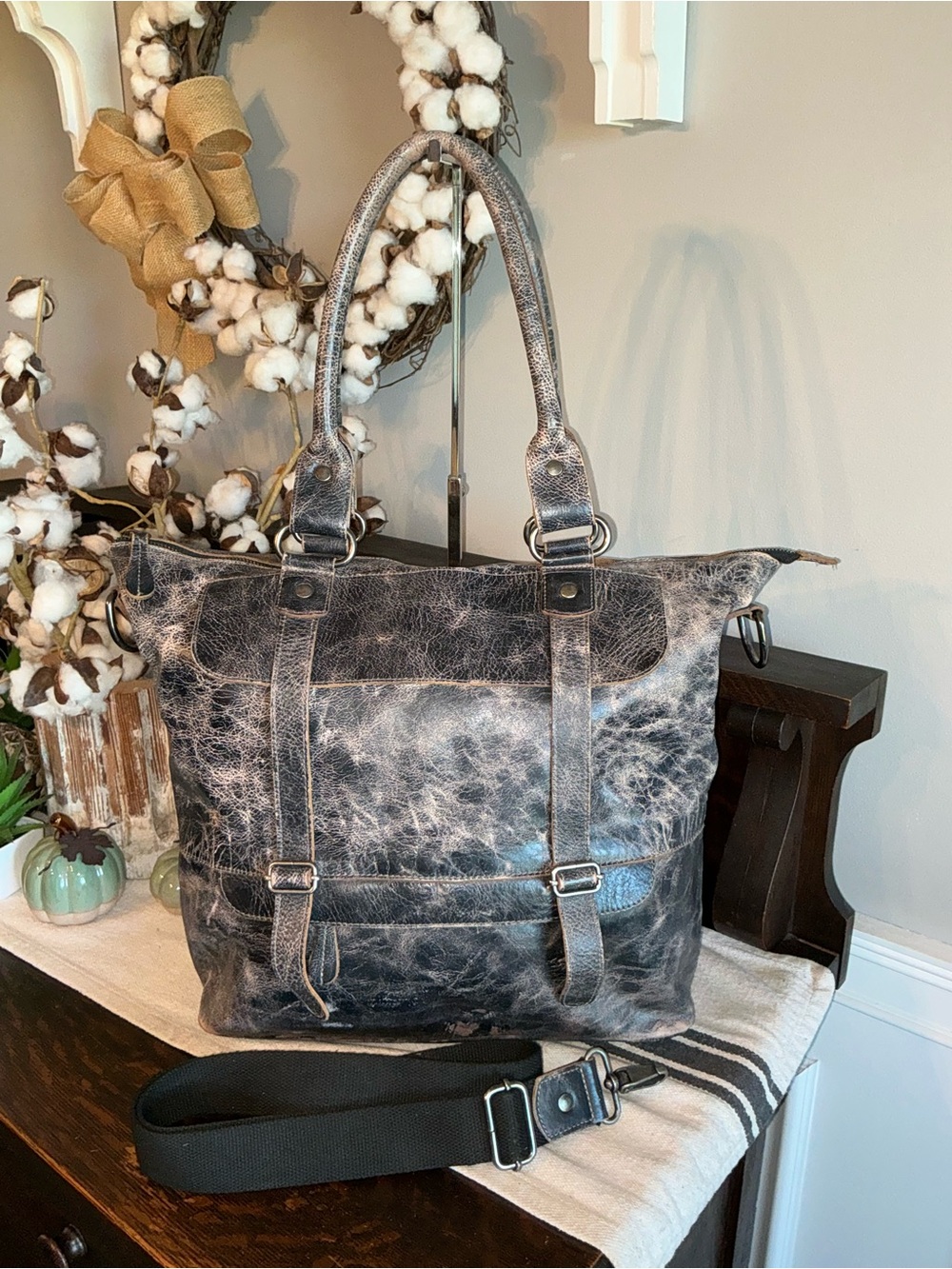 Bed Stu Leather Big Fork Crossbody Tote Shoulder Bag Black Lux  MSRP $365